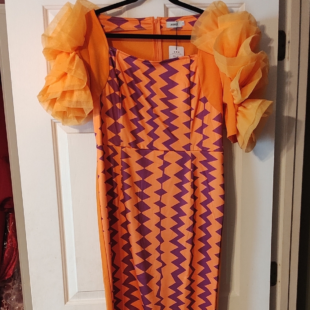 Orange and Purple Zigzag Dress with Puffy Sleeves